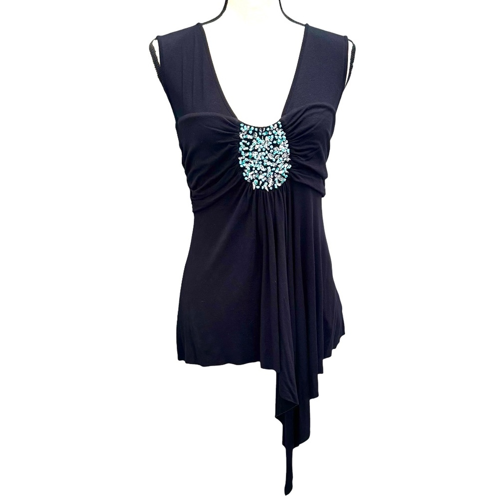 ROBERT RODRIGUEZ BLACK BEADED TANK TOP W TURQUOISE, CLEAR & SILVER BEADS/SEQUINS